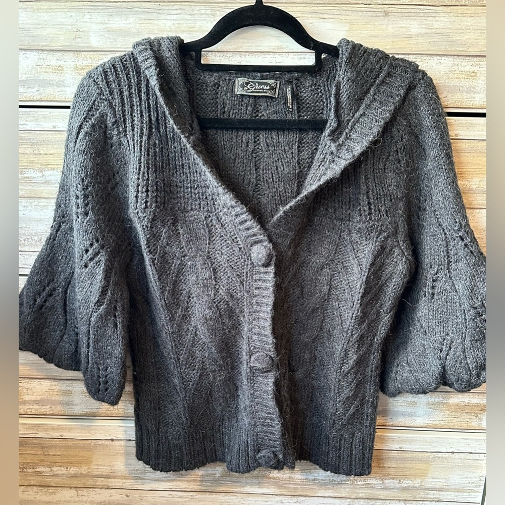 🩶 Guess Hooded Cable Knit Cardigan Sweater Large 3/4 Sleeve Alpaca Blend